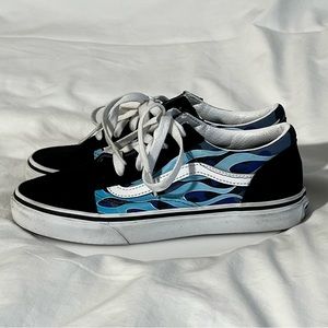 VANS Old Skool Flame Shoe - Black with Light Blue Flame - Skateboard Size 5